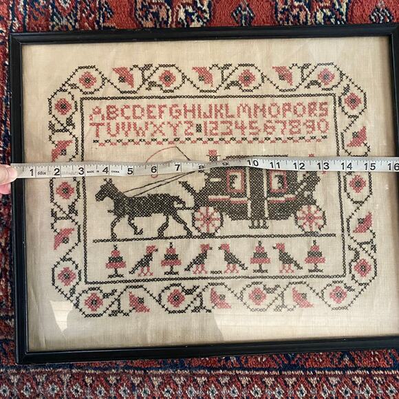 Framed Cross Stitch Embroidered Sampler Red/Black Stage Coach Horse & Driver - Picture 7 of 8